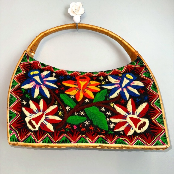 Handbags - Vintage 1960's Rattan Embroidered Bohemian Beach Travel Tote Bag